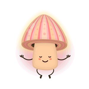 Cute smiling happy psilocybin mushroom meditating in psychedelic trip. 