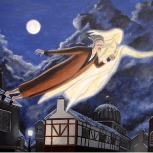 Scrooge and the Ghost of Christmas Past soar over the town on a moonlit Christmas Eve.