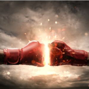 Boxing fight, close up of two fists hitting each other over dark, dramatic sky with copy space