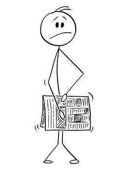 Cartoon stick figure drawing conceptual illustration of naked man hiding and covering his crotch behind newspaper.