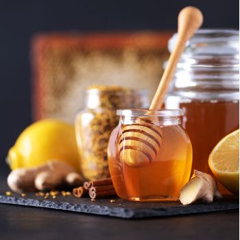 Lemon, ginger, mint, honey, apple and spices on dark background