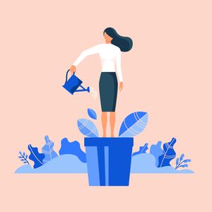 Woman in flowerpot watering herself.