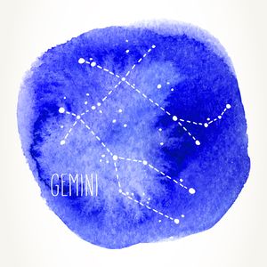 Gemini hand drawn Zodiac sign constellation over blue watercolor circle.